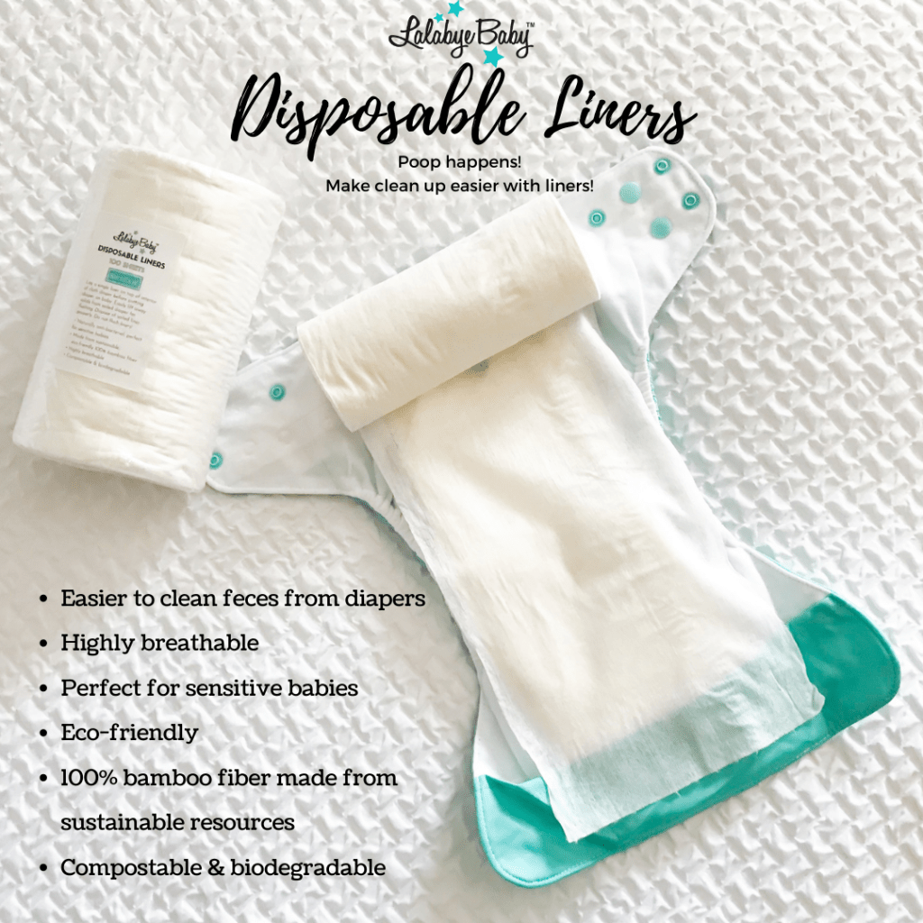 Poop happens! Make cleanup easier with liners! Easier to clean feces from diapers. Highly breathable. Perfect for sensitive babies. Eco-friendly. 100% bamboo fiber made from sustainable resources. Compostable and biodegradable. The image shows a cloth diaper laid open and flat on a textured pillowy white background. Laying off to the left side is a roll of white disposable bamboo liners. There is another roll open and sitting on top of the back end of the open diaper with the liner sheet pulled down and covering the whole of the diaper's middle up to the front to show the coverage and size. 