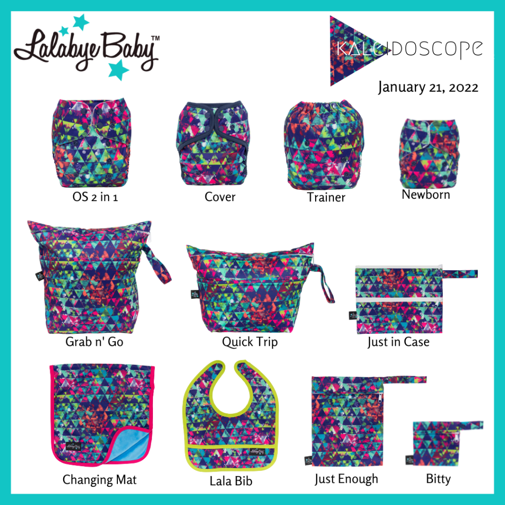 Graphic displaying all the products available in Kaleidoscope print including One Size 2 in 1 cloth diaper, cloth diaper cover, newborn size cloth diaper, cloth trainer, five sizes of wet/dry bags, a changing mat, and a bib. 