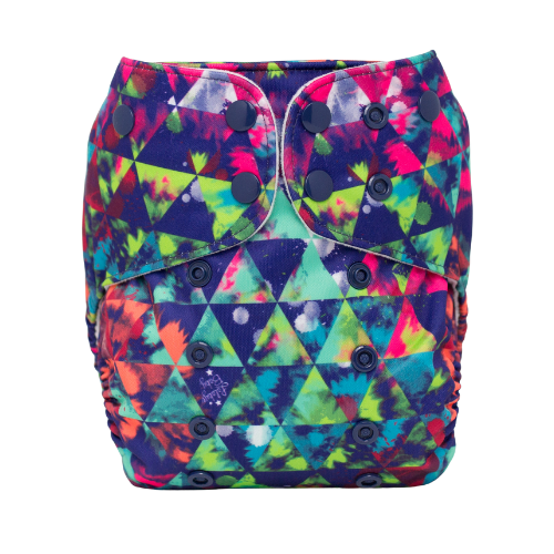 Multicolored cloth diaper displays a print made up of a geometric design featuring triangles in aubergine (dark purple), seafoam, teal, lime green, neon orange, and neon pink. The design has a spray painted and tie dyed kind of texture to it. 
